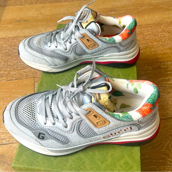 Gucci Shoes - Gucci Silver glitter and Floral Ultrapace Sneakers - size 8
